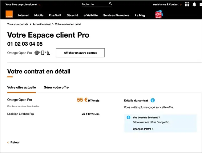gestion du contrat dans l'espace client orange pro