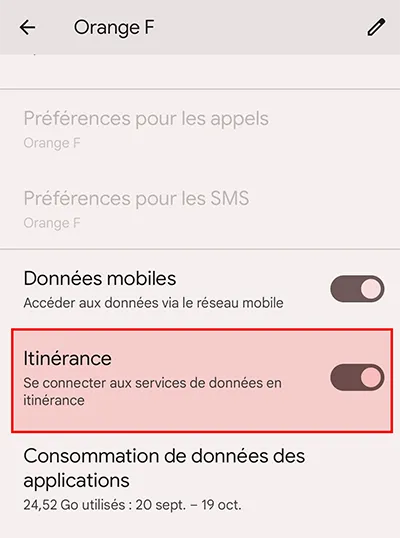 Activation des données en itinérance sur un mobile Android