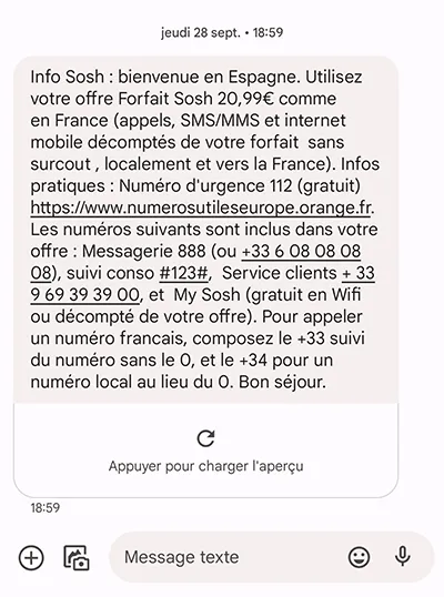 Exemple de SMS envoyé par Orange à l'arrivée dans un pays étranger