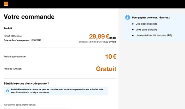résumé de la commande sur orange