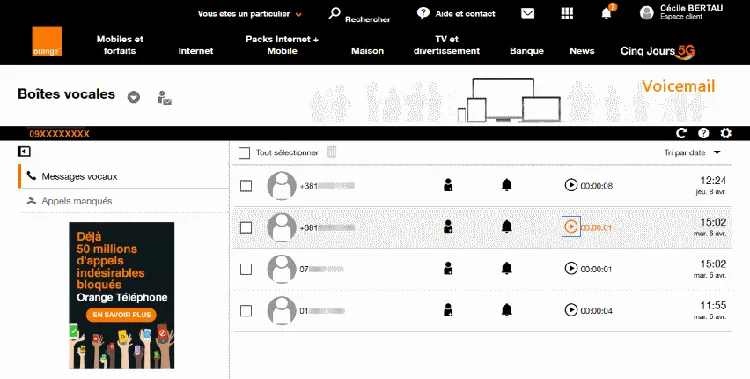 Interface répondeur Orange fixe depuis l'espace client