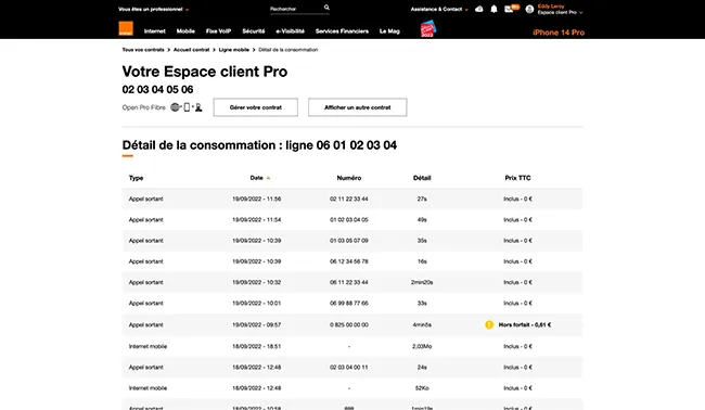 suivi conso dans l'espace client orange pro