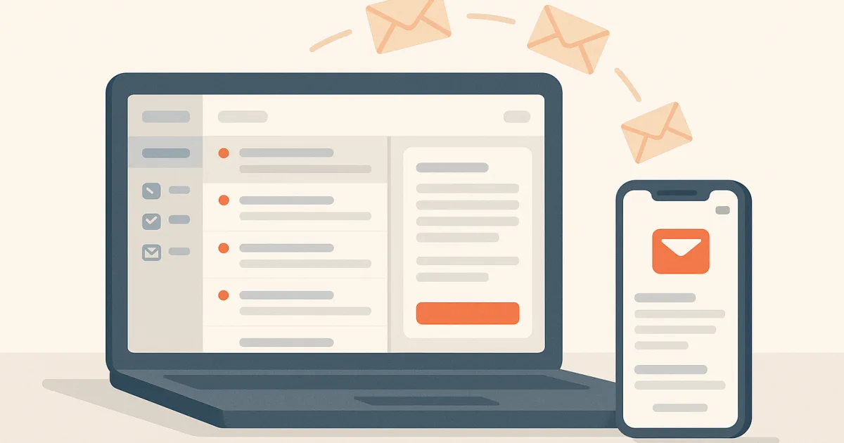 Boîte mail ouverte sur un ordinateur portable et sur un smartphone, avec des messages non lus